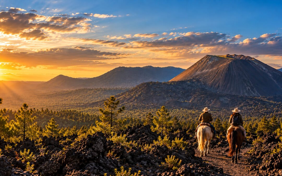 Dos viajeros a caballo avanzan entre lava y bosque hacia el cono del Paricutín.