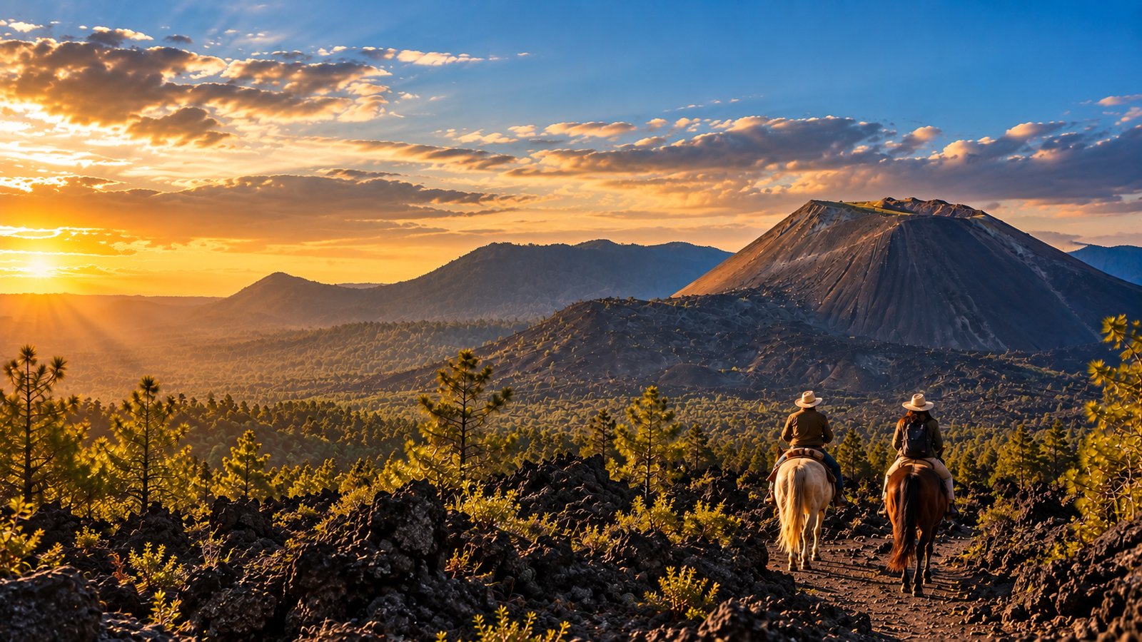 Dos viajeros a caballo avanzan entre lava y bosque hacia el cono del Paricutín.